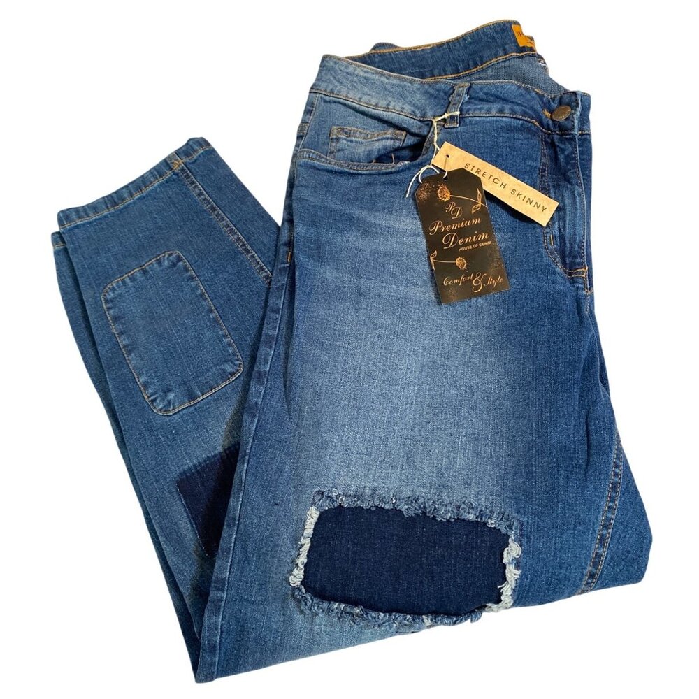 Premium Denim House Distressed Stretch Skinny Jeans Patchwork Legs Size 14